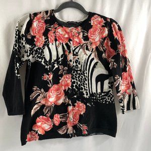 Ladies size Small 3/4 sleeve cardigan sweater Black, white and Coral